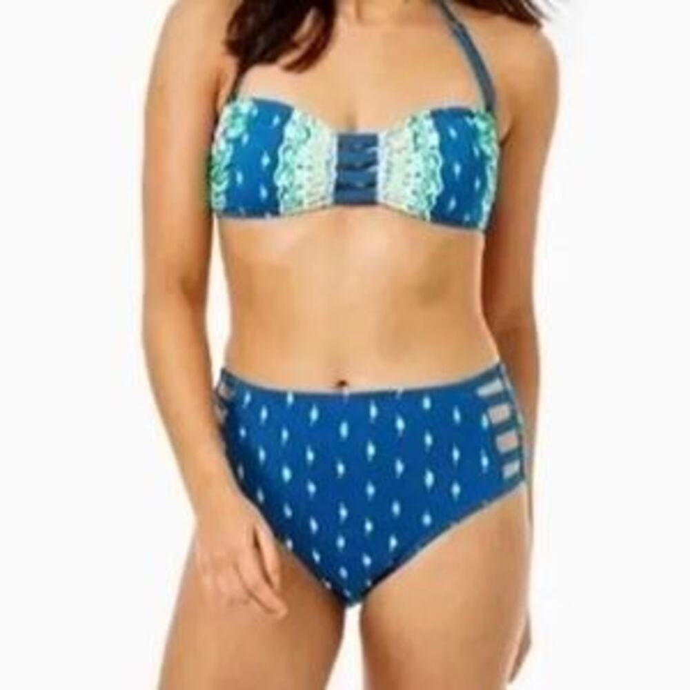 Lilly Pulitzer Rumy High Waisted Bikini Bottom Macaw Blue Coconut Row Size 8 NWT - Picture 2 of 11